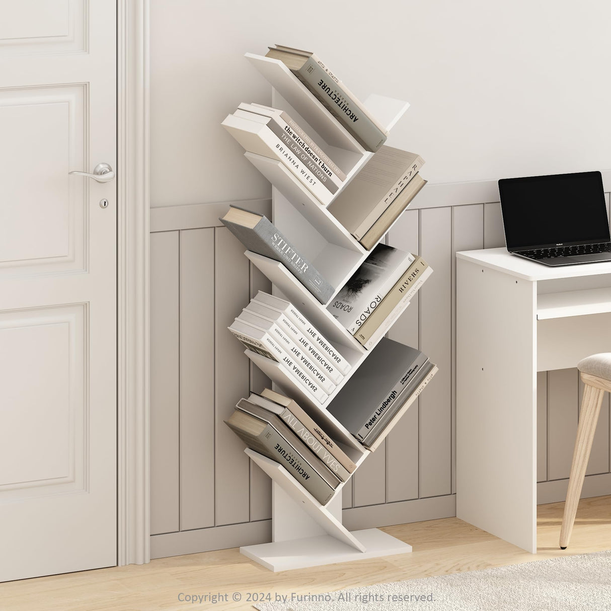 Furinno Tree Bookshelf 9-Tier Floor Standing Tree Bookcase, Plain White Furinno