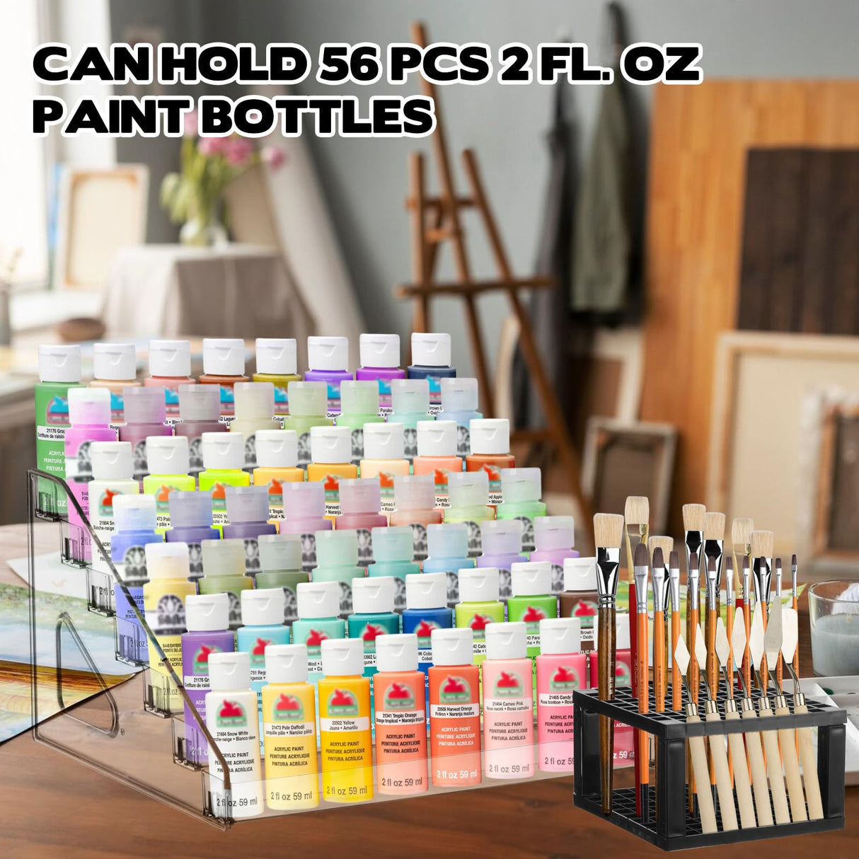 YEXEXINM 2 Pcs Clear Paint Organizer With Paint Brush Holder,7 Layers Acrylic Paint Organizer,Paint Storage Rack,Craft Paint Organizer Rack,Miniature Paint Holder for Paint Storage YEXEXINM