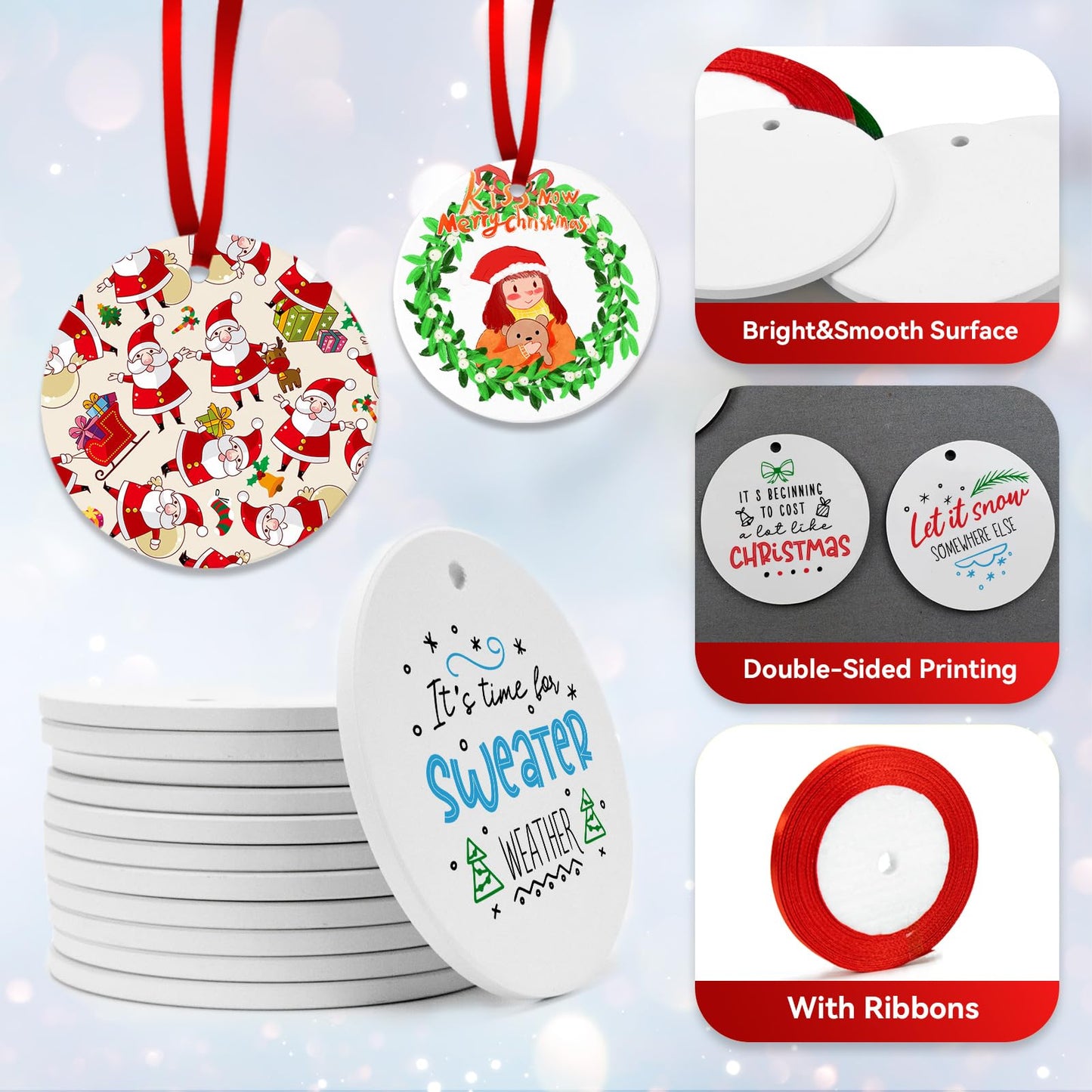 12PCS Sublimation Ceramic Ornaments - Sublimation Ornament Blanks Bulk with Christmas Ribbons - Ceramic Discs Ornament for Heat Press - Double-Sided Printing - Xmas Tree Decorate Crafts Gift