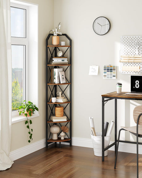 CHOEZON 6-Tier Corner Shelf, Industrial Corner Bookshelf, 71.2" Corner Storage Stand, Plant Stand Display Shelf, Corner Bookcase for Bedroom, Living Room, Home Office, Rustic Brown and Black TCJ11BF CHOEZON