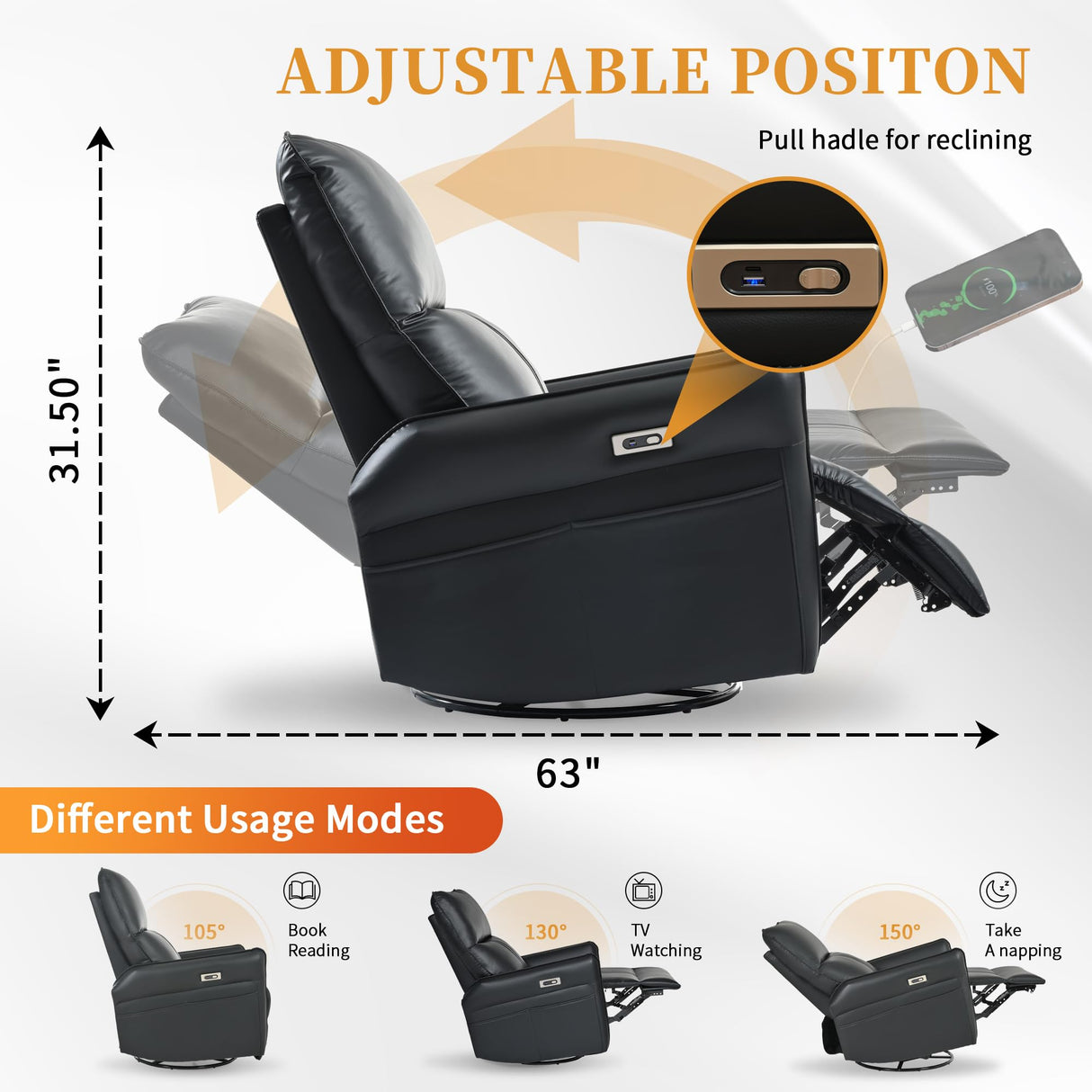 QKFF Power Swivel Rocker Recliner Chair for Nursery, Upholstered 270° Swivel Glider Chair with USB Ports, Power Recliners for Small Spaces Living Room QKFF