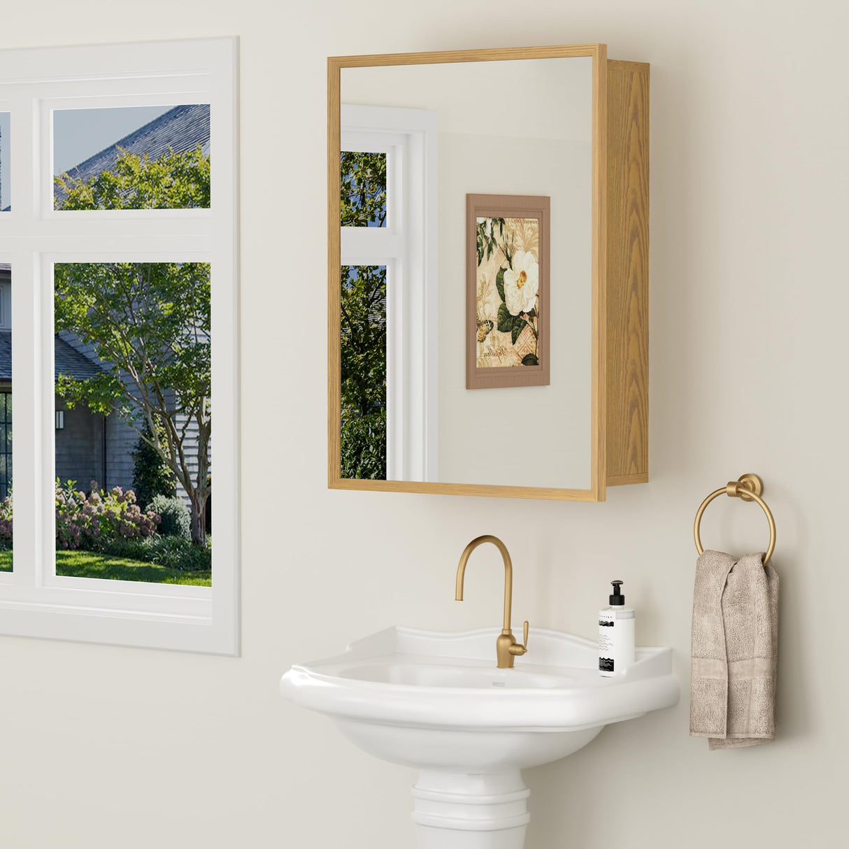 HBEZON 24x30 Inch Wooden Medicine Cabinet with Mirror, Surface or Recessed Mounted Bathroom Cabinets with Door, Adjustable Shelves, Soft-Close Hinge, Wall Storage, Oak Wood Frame HBEZON