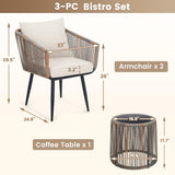 Kromax 3 Piece Patio Rattan Bistro Conversation Set, Outdoor All Weather Wicker Furniture Chairs and Side Table Set, Ideal for Balcony, Porch and Backyard, Beige Kromax