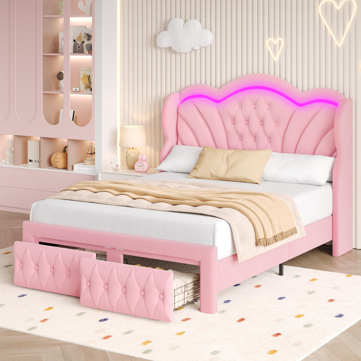 Keyluv Queen Bed Frame Arc-Shaped LED Lights and 47.2" Height Wingback Bed, Button Tufted Headboard and Footboard with Storage Drawer, Velvet Upholstered Platform Bed Frame No Box Spring Needed, Pink Keyluv