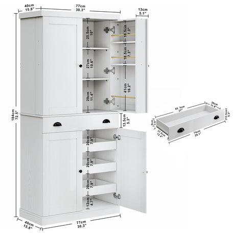 IRONCK Kitchen Pantry Cabinet with Sliding Storage Rack and 6 Hanging Shelves, 72" Height Tall Freestanding Cupboard for Living Room, Dining Room, Laundry, White IRONCK