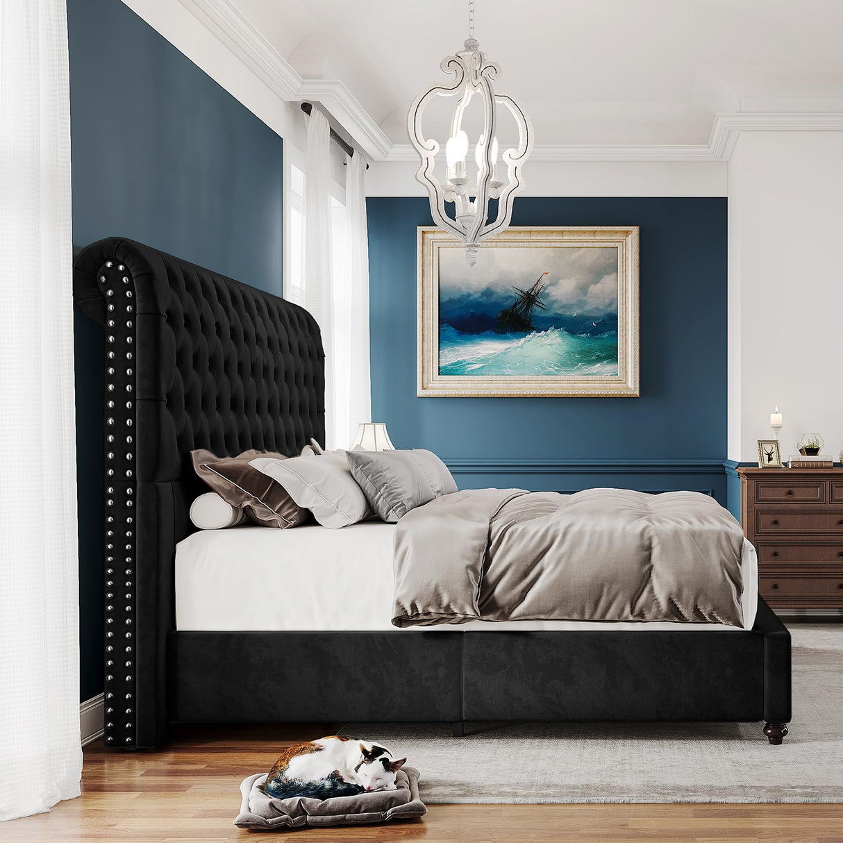 PaPaJet King Bed Frame Upholstered Platform Bed Frame with 52.8'' Tall Sleigh Headboard, Button Tufted, No Box Spring Needed, Easy Assembly, Black PaPaJet