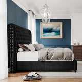 PaPaJet King Bed Frame Upholstered Platform Bed Frame with 52.8'' Tall Sleigh Headboard, Button Tufted, No Box Spring Needed, Easy Assembly, Black PaPaJet