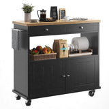 knoworld Rolling Kitchen Island with Storage Cabinet, 35.4'' Width Kitchen Cart, 2 Drawers Island Table, Portable Mobile Kitchen Island with Towel Rack, Wood Top and Lockable Wheels, Black knoworld