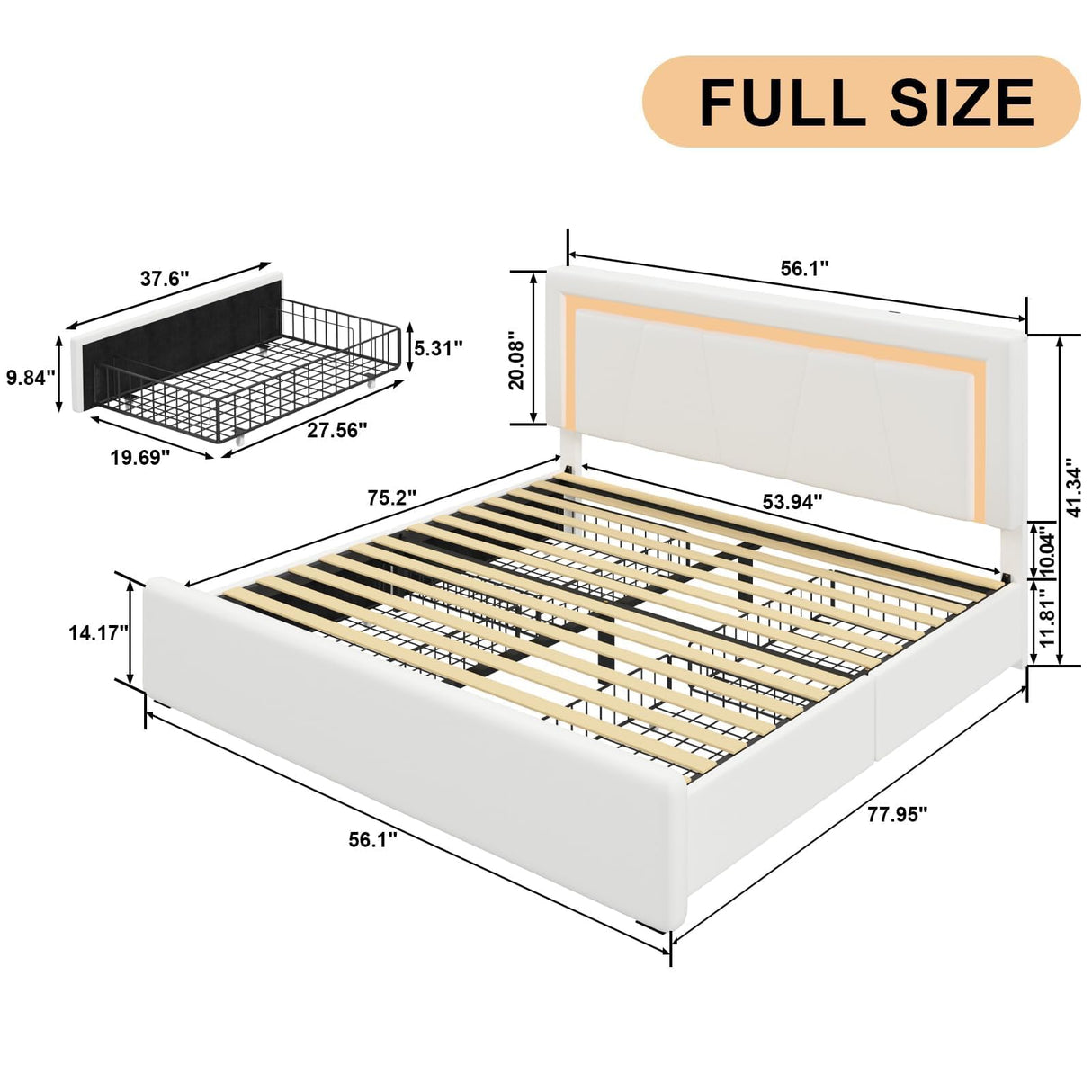 Benevika Full Bed Frame with 4 Storage Drawers and Adjustable Headboard, Upholstered Platform Bed with LED Lights and USB Ports, Solid Wooden Slats Support, No Box Spring Needed, Easy Assembly, Beige Benevika