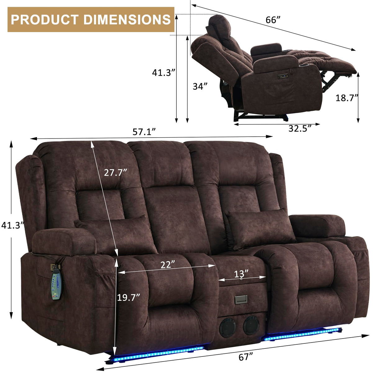 URRED Power Reclining Loveseat Sofa with Console, RV Couch Loveseat Recliner Sofa with Massage & Heat, LED Light, Cupholders, Bluetooth Speakers, USB Charge Ports, Outlets, Velvet, Brown URRED
