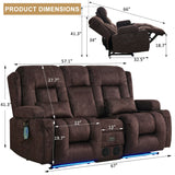 URRED Power Reclining Loveseat Sofa with Console, RV Couch Loveseat Recliner Sofa with Massage & Heat, LED Light, Cupholders, Bluetooth Speakers, USB Charge Ports, Outlets, Velvet, Brown URRED