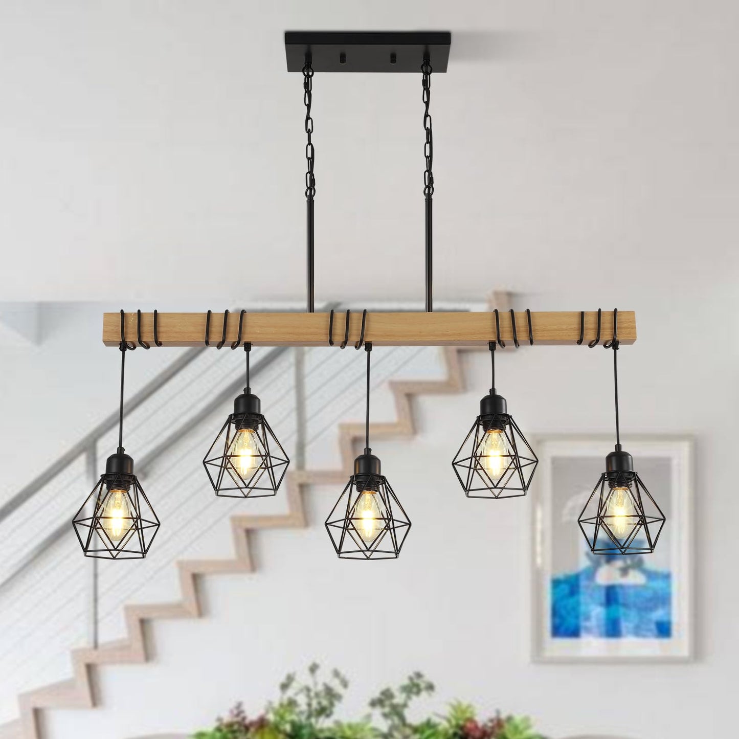 5-Light Kitchen Island Lighting,Modern Chandelier Over Table, Dining Room Light Fixture Hanging for Modern Farmhouse Linear Chandeliers Black Rustic Wood Ceiling Pendant Light Fixtures - WoodArtSupply