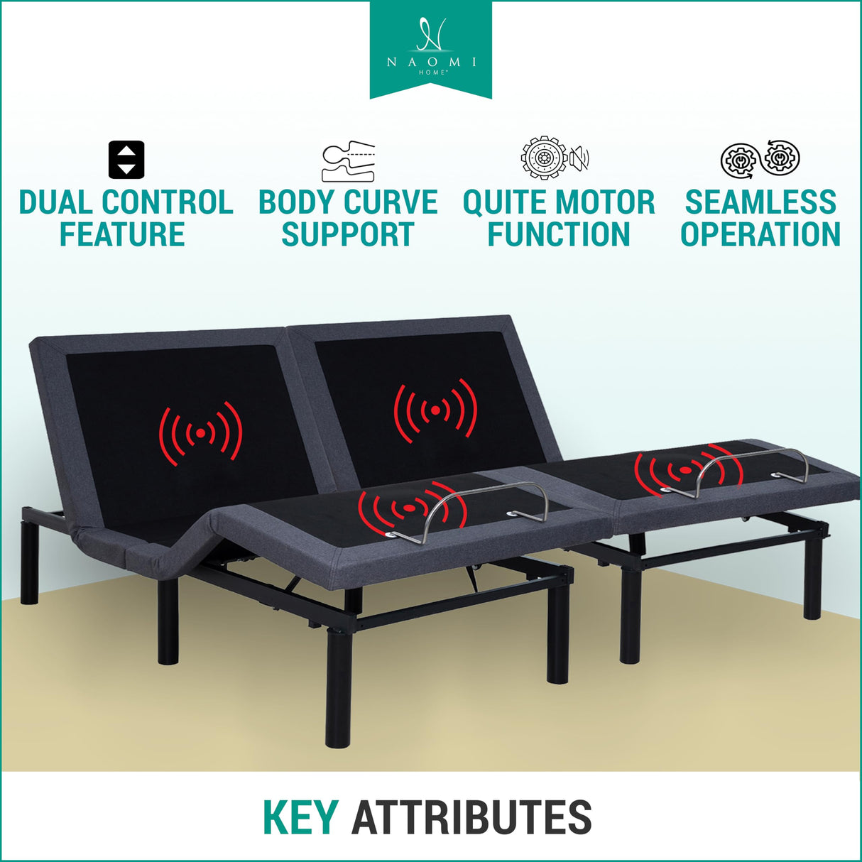 Naomi Home Idealbase Split King Adjustable Bed Frame with Lumbar Support Head Tilt Foot Incline Back Leg Massage USB Ports Massage Bed with Wireless Remote Ergonomic Zero - Gravity Smart Naomi Home