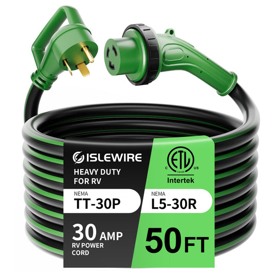 ISLEWIRE 30 Amp 50 Feet RV Power Cord, Heavy Duty 10 Gauge STW Cord with LED Power Indicator Twist Connector, NEMA TT-30P to L5-30R with Cord Organizer for RV Trailer Campers, Black&Green, ET - WoodArtSupply