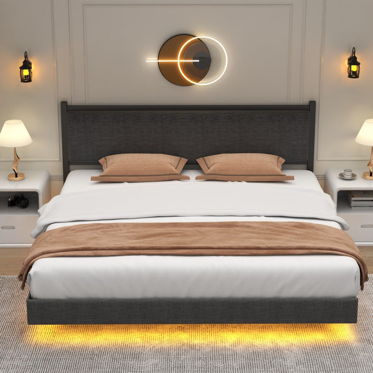 Gyfimoie Modern Grey King Floating Bed Frame with LED Lights and Double Beam Support Gyfimoie