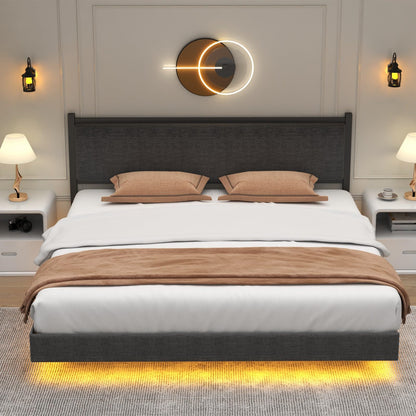 Gyfimoie Modern Grey King Floating Bed Frame with LED Lights and Double Beam Support - WoodArtSupply