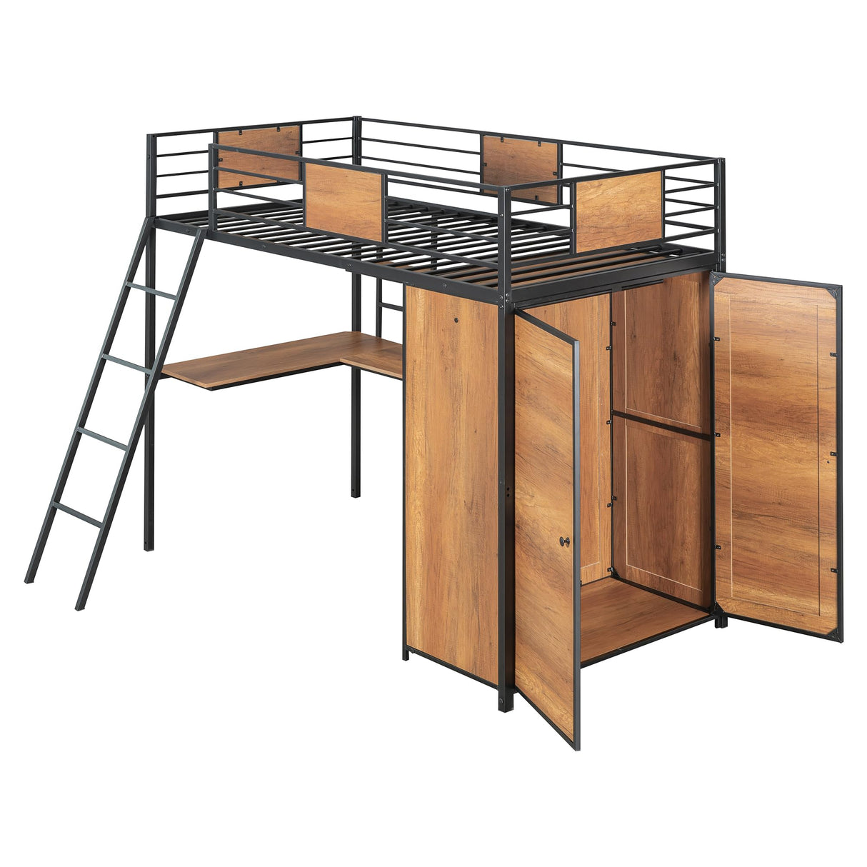 Twin Loft Bed with Desk and Storage Shelf, Twin Size Loft Bed with Wardrobe and L-Shaped Desk, Heavy Duty Loft Bed with Ladder and Guardrail(Twin Loft Bed Black) Bellemave