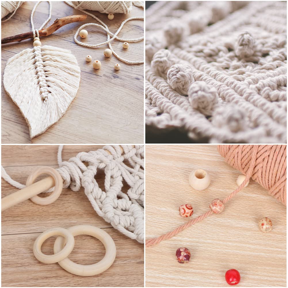 UHAPEER Macrame Kits for Adults Beginners with 656 Feet 3 mm Macrame Cotton Cord, DIY Macrame Plant Hanger Kit with Macrame Supplies and Instructions, Macrame Meads, Wooden Rings, Dream Catcher Rings UHAPEER