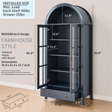 RowyPoey Farmhouse Arched Cabinet with Glass Doors, Wood Display Cabinet with Drawer and Adjustable Shelves, 71” Tall Bookshelf Modern China Storage Kitchen Pantry for Living Room,Office (Navy Blue) RowyPoey