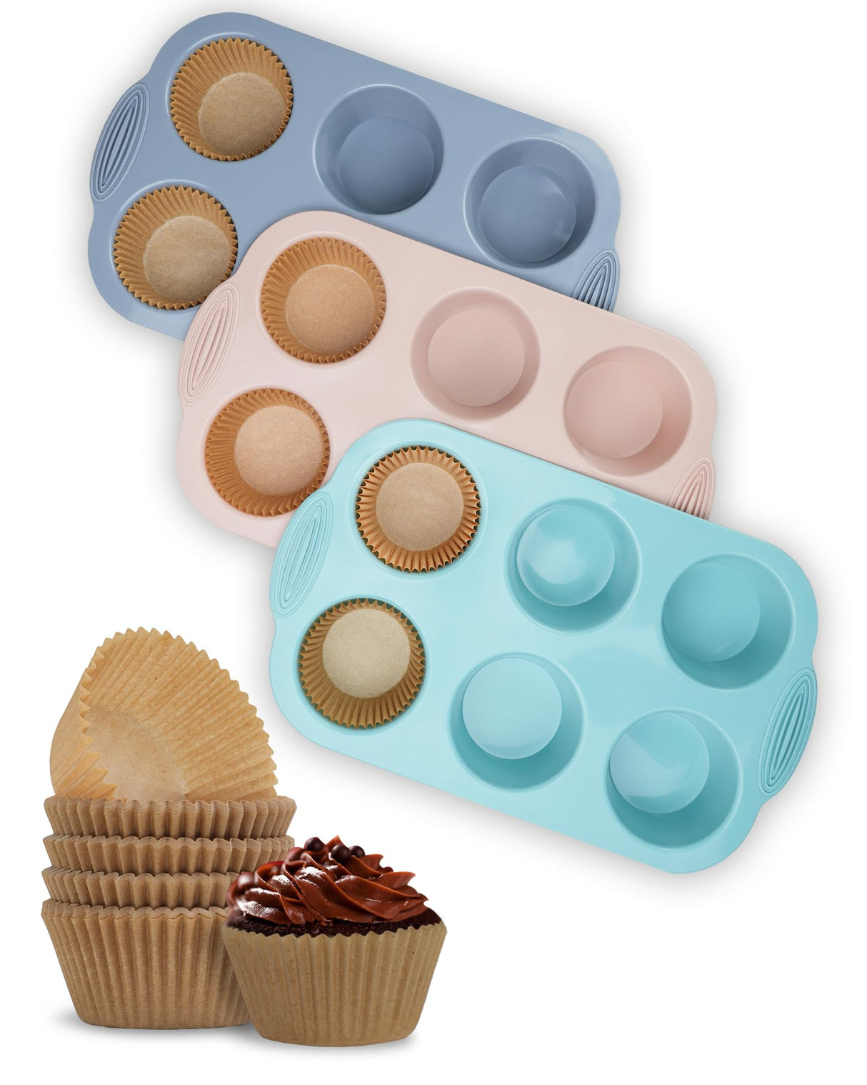 Bake Choice Silicon Muffin Pan-3-pack includes 100 Natural Cupcake Liners, 6-cavity Regular Size, BPA Free, Egg Bite & Muffin Molds for Baking Bake Choice