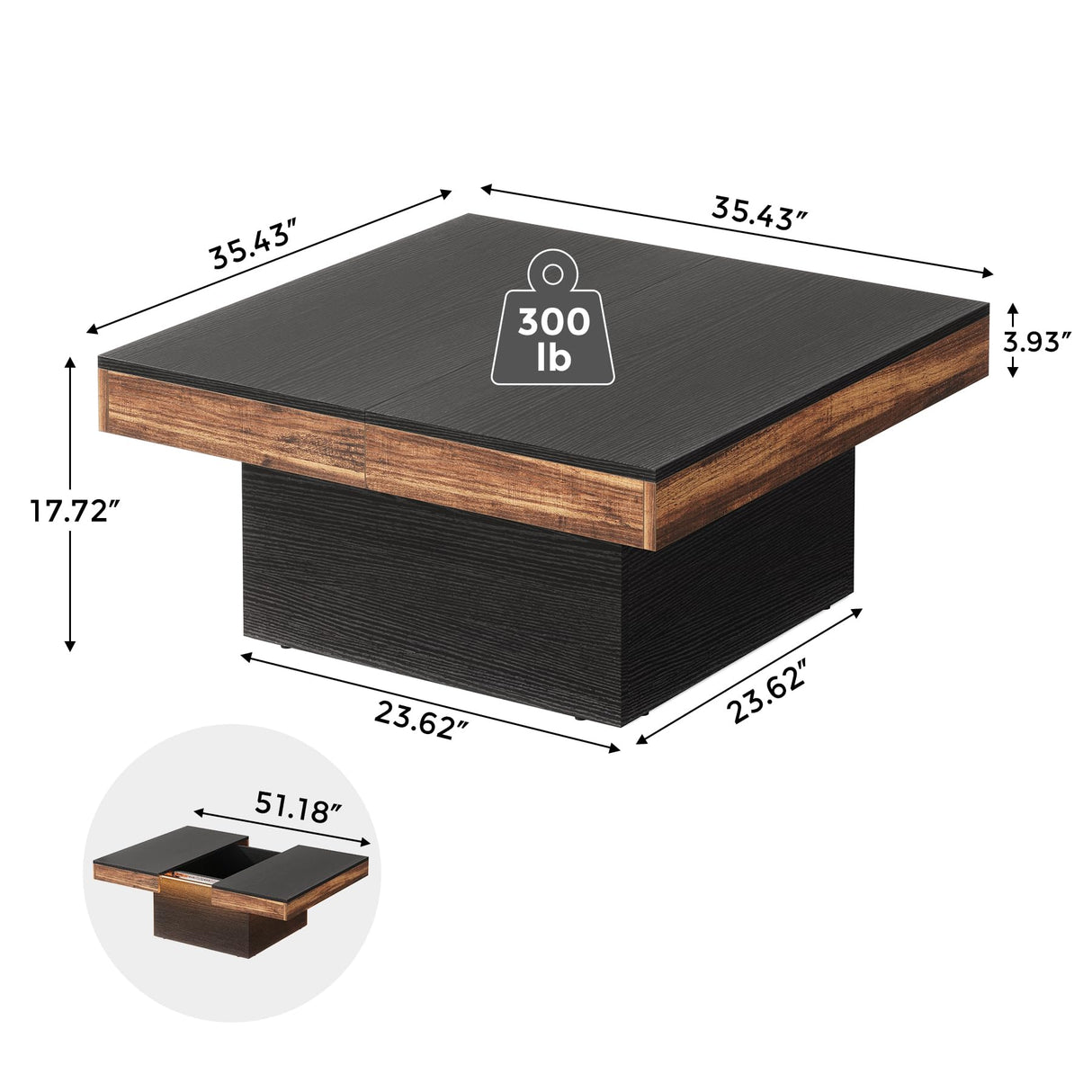 VANOMi 35-inch Square Coffee Table with LED Light, Modern LED Centre Table with Storage, Wood Coffee Table for Living Room,Large Cocktail Table for Living Room VANOMi