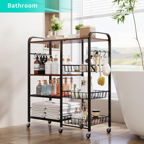 HapiRm Rolling Kitchen Microwave Cart - 4 Tier Microwave Table Stand with Pull-Out Baskets, Coffee Bar Baker's Rack with Wheels Rolling Storage Cart Organizer Shelf for Living Room Office, Balcony HapiRm