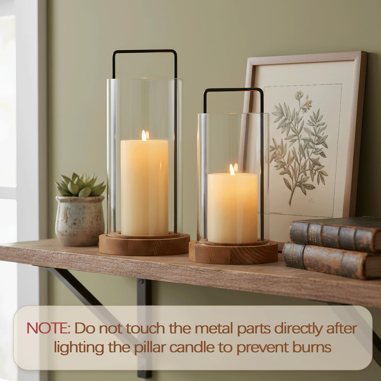 Houmury Set of 2 Hurricane Candle Holders Lantern 12” & 10”with Wood Base Metal Handle Glass Cylinder Modern Farmhouse Decor for Home Decoration, Table Centerpieces Houmury