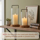Houmury Set of 2 Hurricane Candle Holders Lantern 12” & 10”with Wood Base Metal Handle Glass Cylinder Modern Farmhouse Decor for Home Decoration, Table Centerpieces Houmury