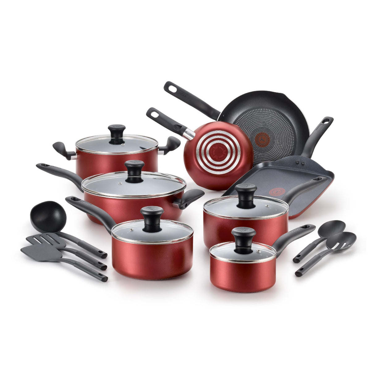 T-fal Initiatives Nonstick Cookware Set 18 Piece, Oven Broiler Safe 350F, Kitchen Cooking Set w/ Fry Pans, Saucepans, Saute Pan, Dutch Oven, Griddle, Pots and Pans, Home, Dishwasher Safe, Red T-Fal