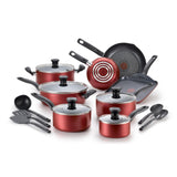 T-fal Initiatives Nonstick Cookware Set 18 Piece, Oven Broiler Safe 350F, Kitchen Cooking Set w/ Fry Pans, Saucepans, Saute Pan, Dutch Oven, Griddle, Pots and Pans, Home, Dishwasher Safe, Red T-Fal
