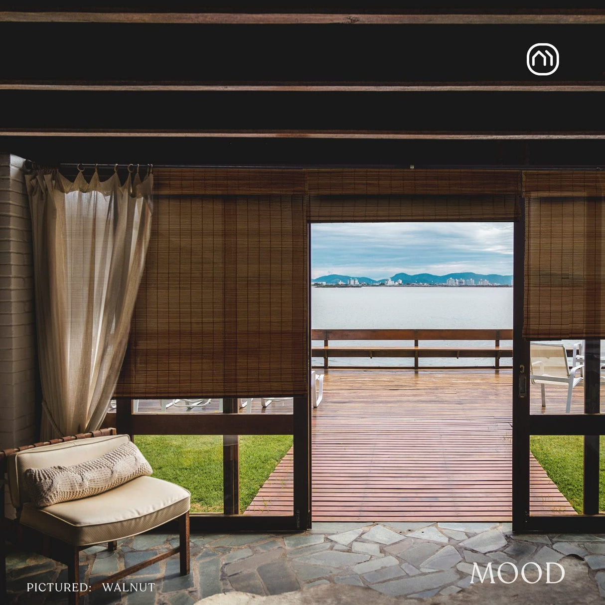 MOOD Custom Bamboo Shades | Rustic | Cordless Bamboo Roman Shades for Windows and Doors (Natural Woven) | Rustic Walnut (Great Privacy) | 31" W X 36" H Mood