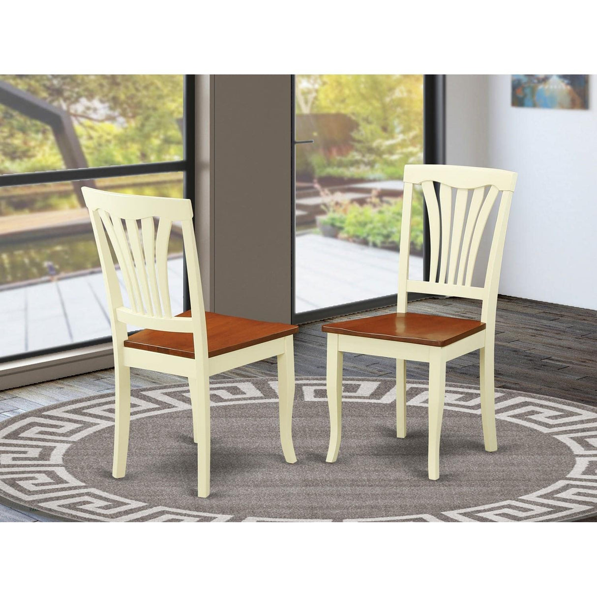 East West Furniture Avon Kitchen Dining Slat Back Solid Wood Seat Chairs, Set of 2, Buttermilk & Cherry East West Furniture