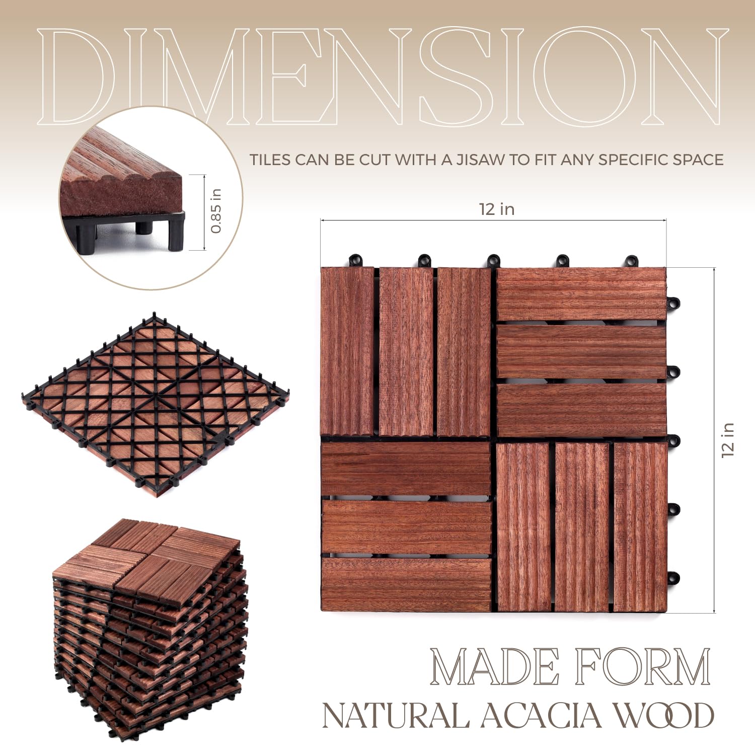 TimberWave Pack of 10 Deck Tiles, Solid Acacia Wood Floor Tiles, Patio Tiles Outdoor Interlocking Waterproof All Weather, with Grooves Decrease Skidding (10, Dark Brown, 12" x 12" - 12 Slat) - WoodArtSupply