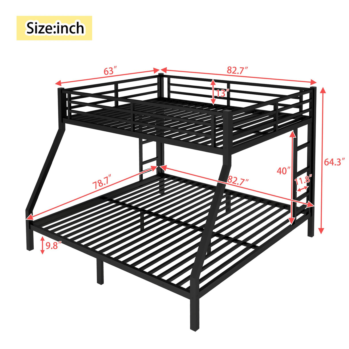 HZXINKEDZSW Metal Queen Over King Bunk Bed with 2 Side Ladder and Guardrails, Heavy Duty Metal Bunk Bed Frame with Underbed Storage Space for Teens Adults, No Box Spring Needed (Black, Queen/King) HZXINKEDZSW