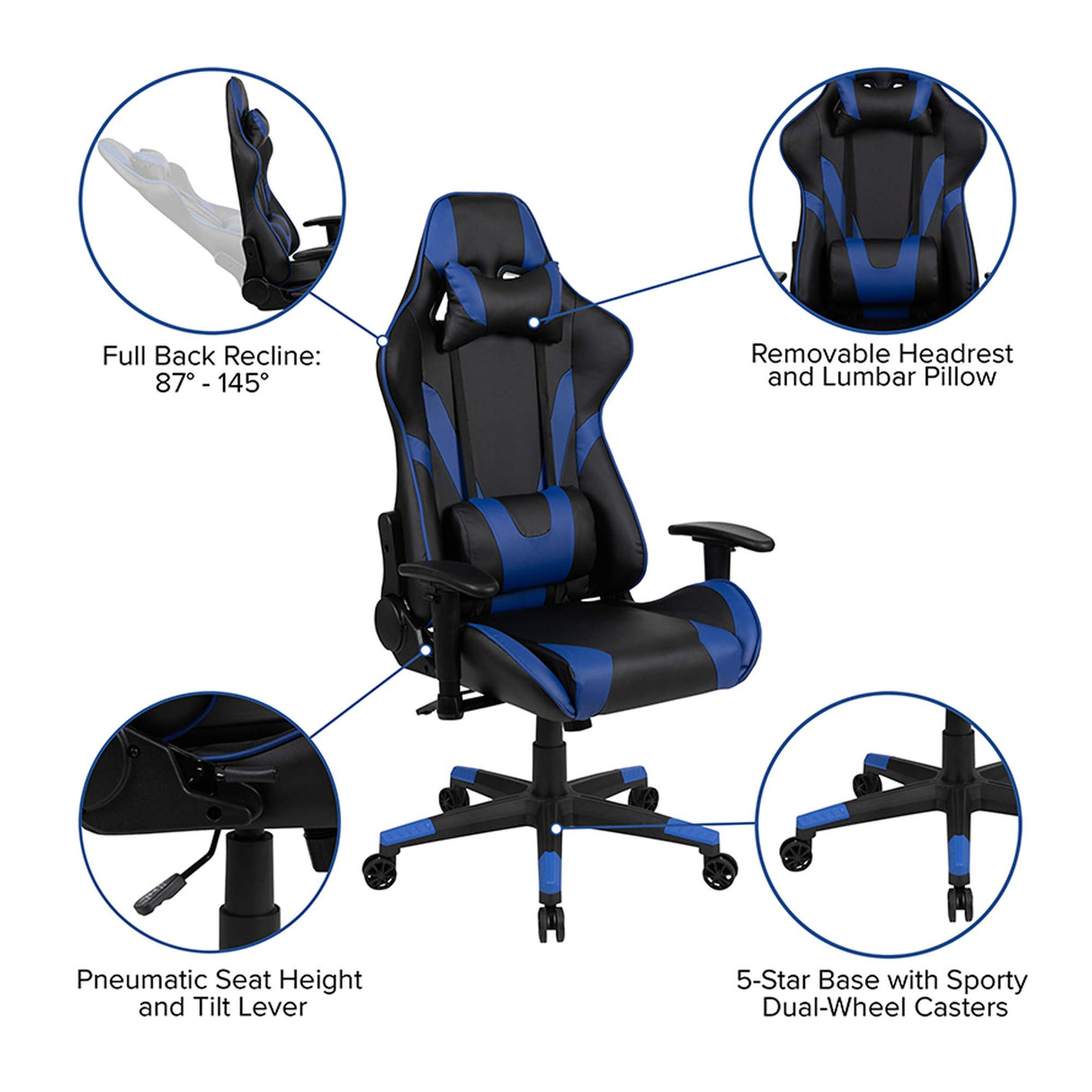 Flash Furniture X20 Gaming Chair Racing Office Ergonomic Computer PC Adjustable Swivel Chair with Fully Reclining Back in Blue LeatherSoft Flash Furniture