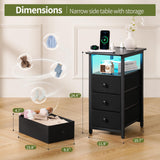 Yoobure End Table with Charging Station, LED Narrow Side Table Bedside Table, Small Night Stand End Tables Living Room, Skinny Nightstand with 3 Fabric Drawers, Side Tables Bedroom for Small Spaces Yoobure