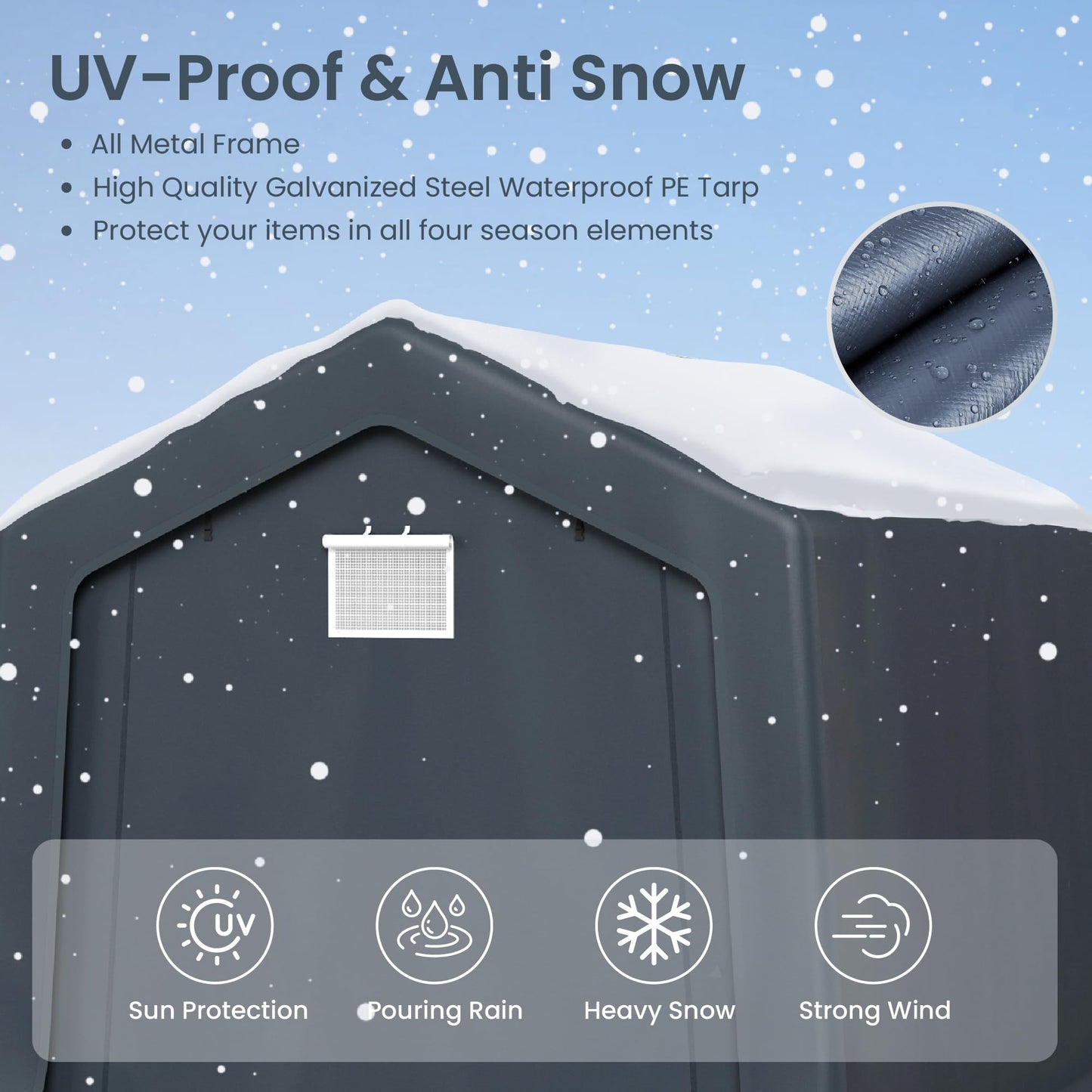 PHI VILLA 8'x12'x7.3' Outdoor Portable Storage Shelter Shed Garage with 2 Roll up Zipper Doors & Vents Carport for Motorcycle Bike Waterproof and UV Resistant Anti-Snow Portable Garage Kit Tent, Gray