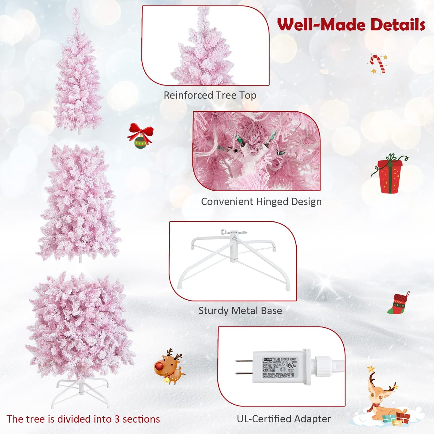 Goplus 7ft Pink Pre-Lit Pencil Christmas Tree, Snow Flocked Artificial Slim Tree with 800 Branch Tips, 300 LED Lights, 8 Lighting Modes, Life-Like Hinged Xmas Tree for Indoor Home Office Holiday Decor