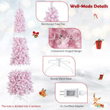 Goplus 7ft Pink Pre-Lit Pencil Christmas Tree, Snow Flocked Artificial Slim Tree with 800 Branch Tips, 300 LED Lights, 8 Lighting Modes, Life-Like Hinged Xmas Tree for Indoor Home Office Holiday Decor Goplus