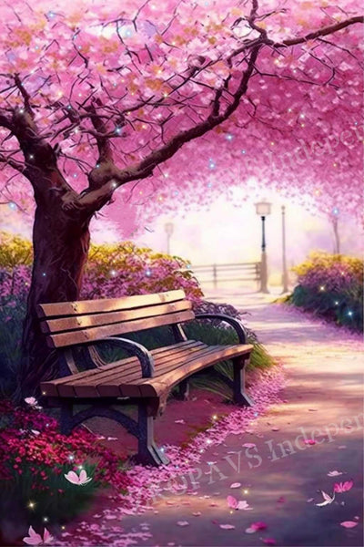 Adult DIY Diamond Painting Art, Romantic Cherry Blossom Park Beginner 5d Cartoon Landscape Hand Painted Series Home Decor 20x30 Cm, Farmhouse Decor - Full Diamond Cross Stitch Painting Kits