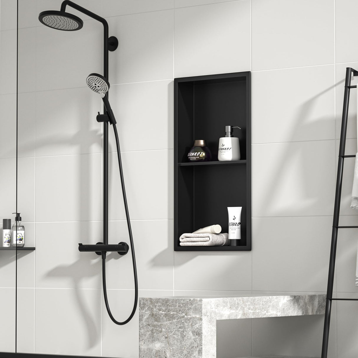 Bernkot Stainless Steel Shower Niche 24" X 12" Matte Black No Tile Needed Niche Shower with Double Shelves Recessed Wall Niches for Bathroom Space Saving Over Mount Installation Bernkot