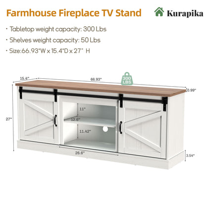 Kurapika Farmhouse TV Stand and Entertainment Center for TV Up to 75 Inch, with Sliding Barn Doors and Adjustable Shelf, Console Table and Media Furniture with Storage Cabinet, 67 Inch, White - WoodArtSupply