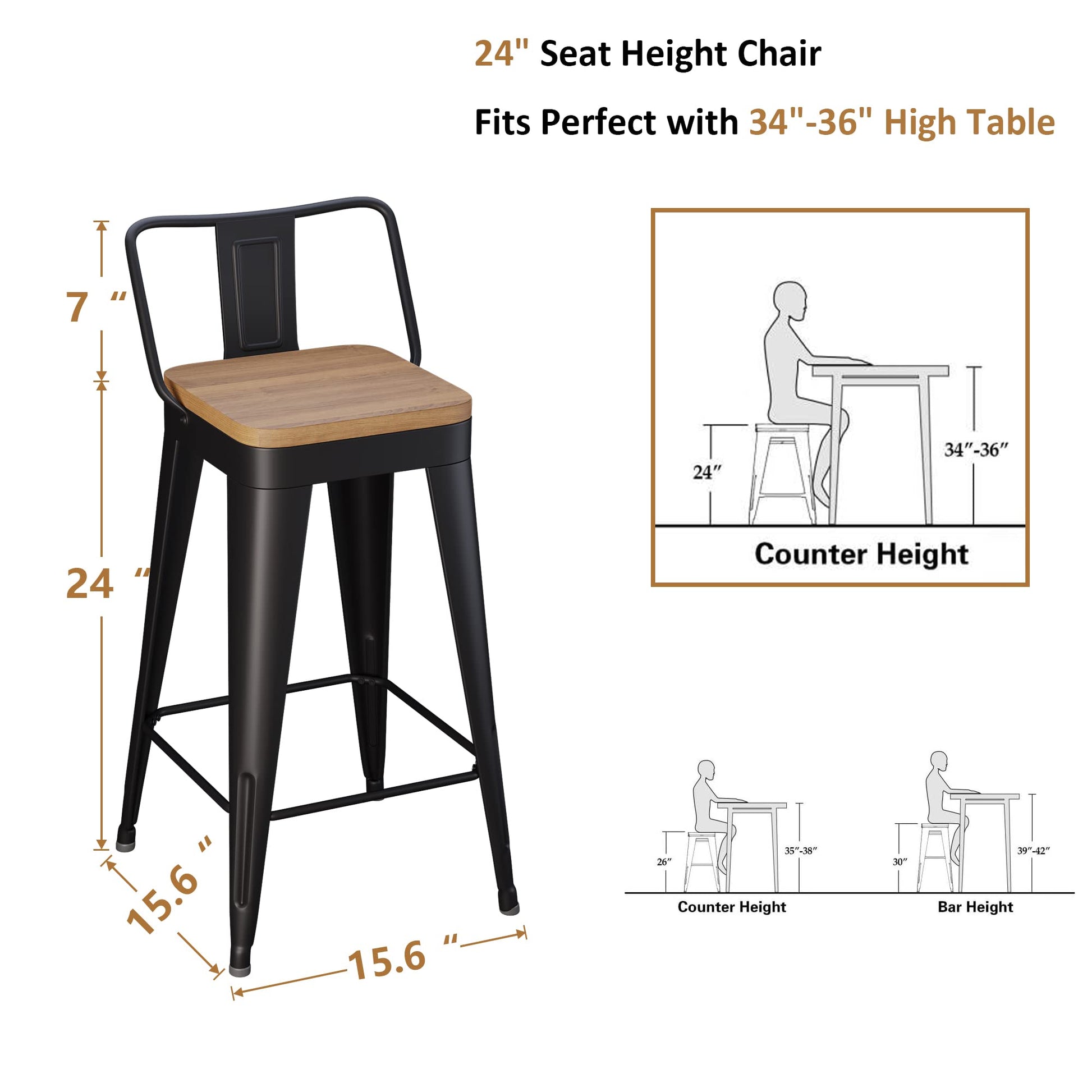 WENTMENT Metal Bar Stools Set of 4 Counter Height Bar Stools Barstools with Removable Back 24" Kitchen Bar Stools with Wooden Seat, Black - WoodArtSupply