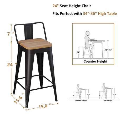 WENTMENT Metal Bar Stools Set of 4 Counter Height Bar Stools Barstools with Removable Back 24" Kitchen Bar Stools with Wooden Seat, Black WENTMENT