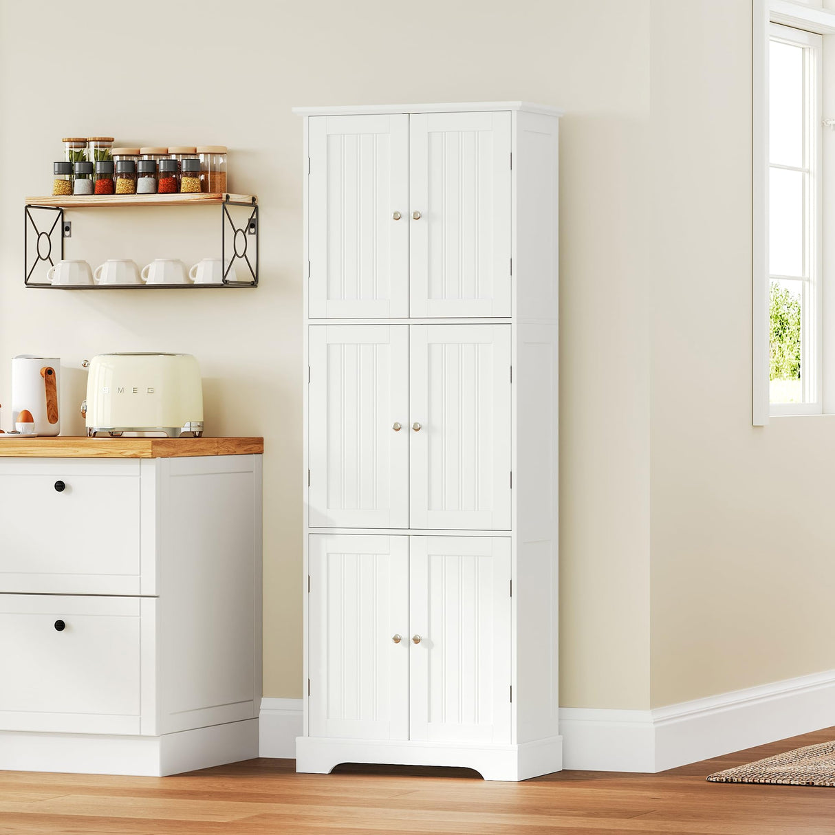 ChooChoo Tall Bathroom Storage Cabinet with 6 Doors, Freestanding Floor Cabinet with Adjustable Shelves, White Pantry Cabinet for Bathroom, Kitchen, Laundry Room ChooChoo