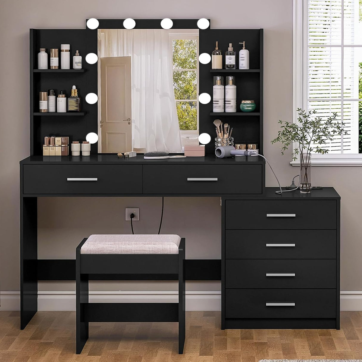 FIONESO Vanity Desk with Mirror & Lights, Makeup Vanity with 6 Drawers, 6 Open Shelves and Power Outlet, 48” Storage Makeup Vanity Desk with Stool Bench for Women, Girls, Bedroom, Black FIONESO