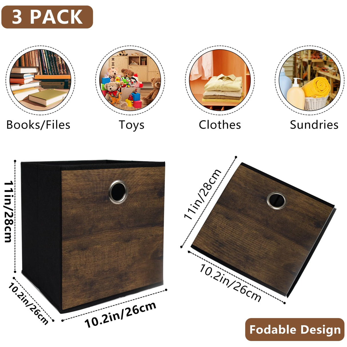 Sturdy Storage Bins with Exquisite Wood Grain Pattern,Thickened Fabric Cube Baskets,Open Container box for Organizer Shelf,Cabinet,Closet,Bookcase,Nursery,Office,Home,Storeroom,10.2x10.2x11in,Set of 3 KANCNT