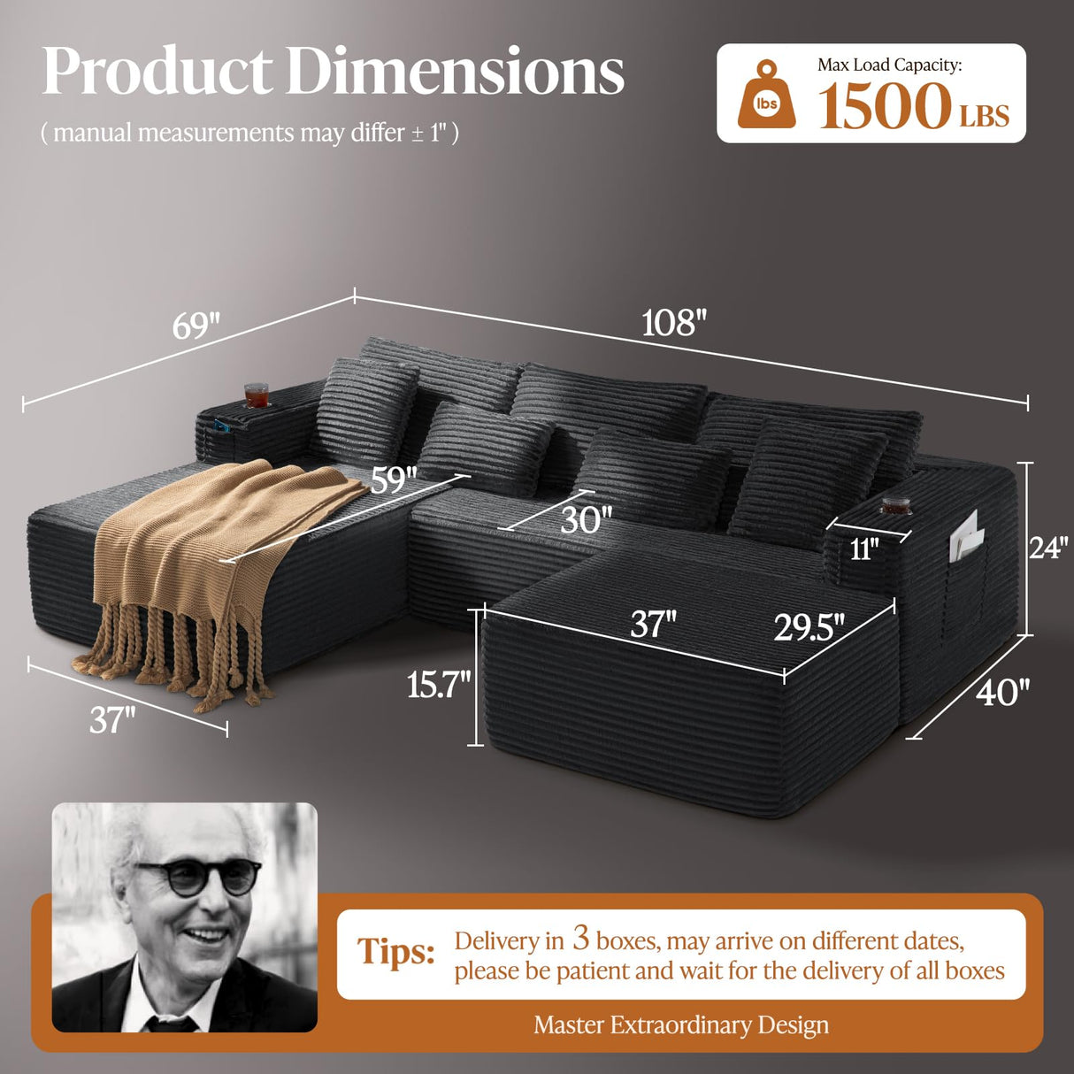 VYUXWO 108" Cloud Sectional Couch, Comfort U Shaped Boneless Couch for Living Room, Extra Deep Seats No Assembly, Minimalist Modular Sofa, Corduroy (Black, 2 Seater+Left Facing Chaise+Ottoman) VYUXWO