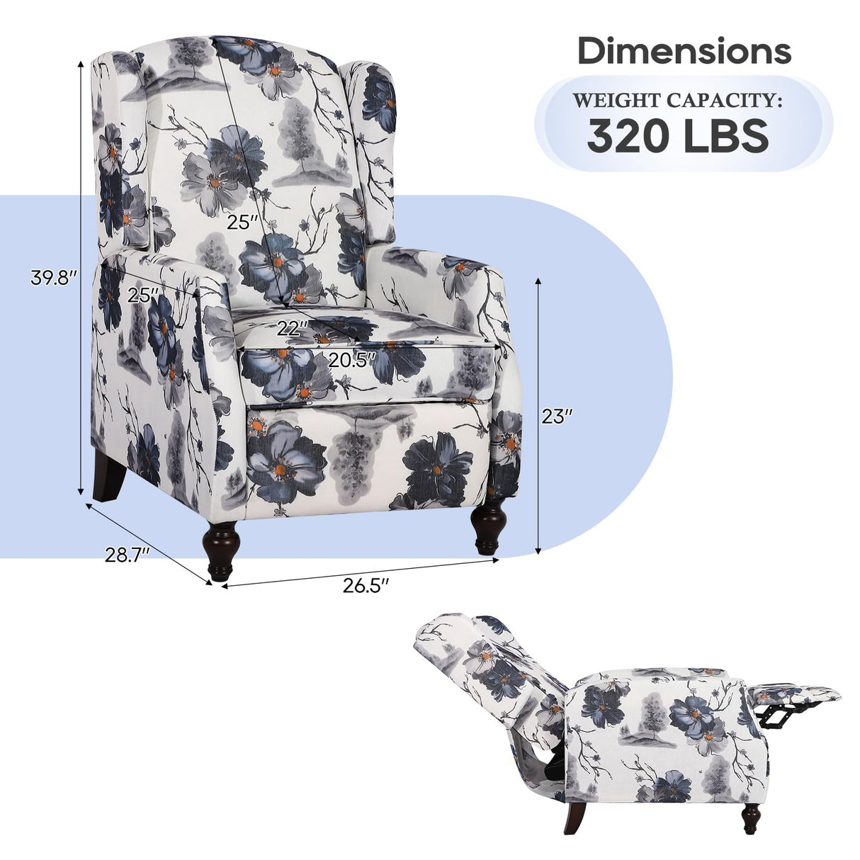 B BAIJIAWEI Wingback Recliner Chair - Tufted Arm Chair Recliner - Fabric Push Back Single Sofa for Living Room Adjustable Backrest (Pair, Blue Floral) B BAIJIAWEI