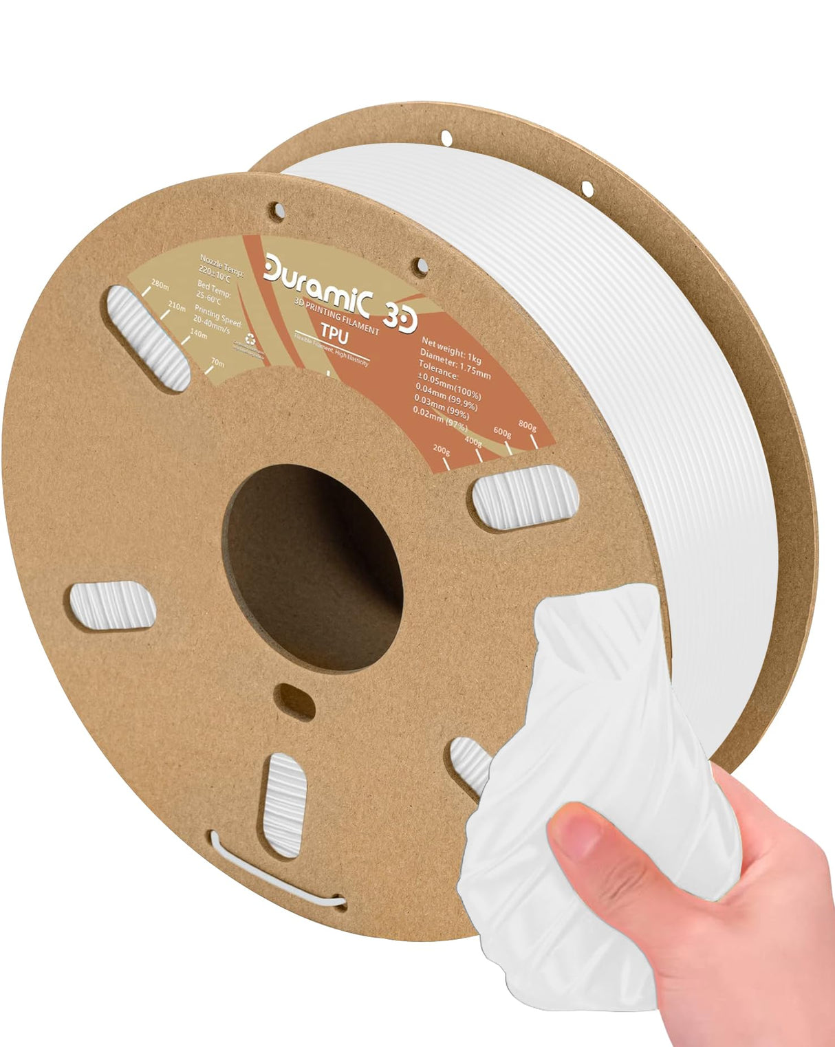 DURAMIC 3D TPU Filament 1.75mm, Soft TPU 3D Printing Filament 95A, 1kg Spool, +/- 0.05mm Accuracy, White 1 Pack DURAMIC 3D